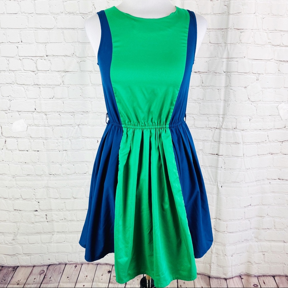 Lavand. Blue Green Fit & Flare Illusion Dress